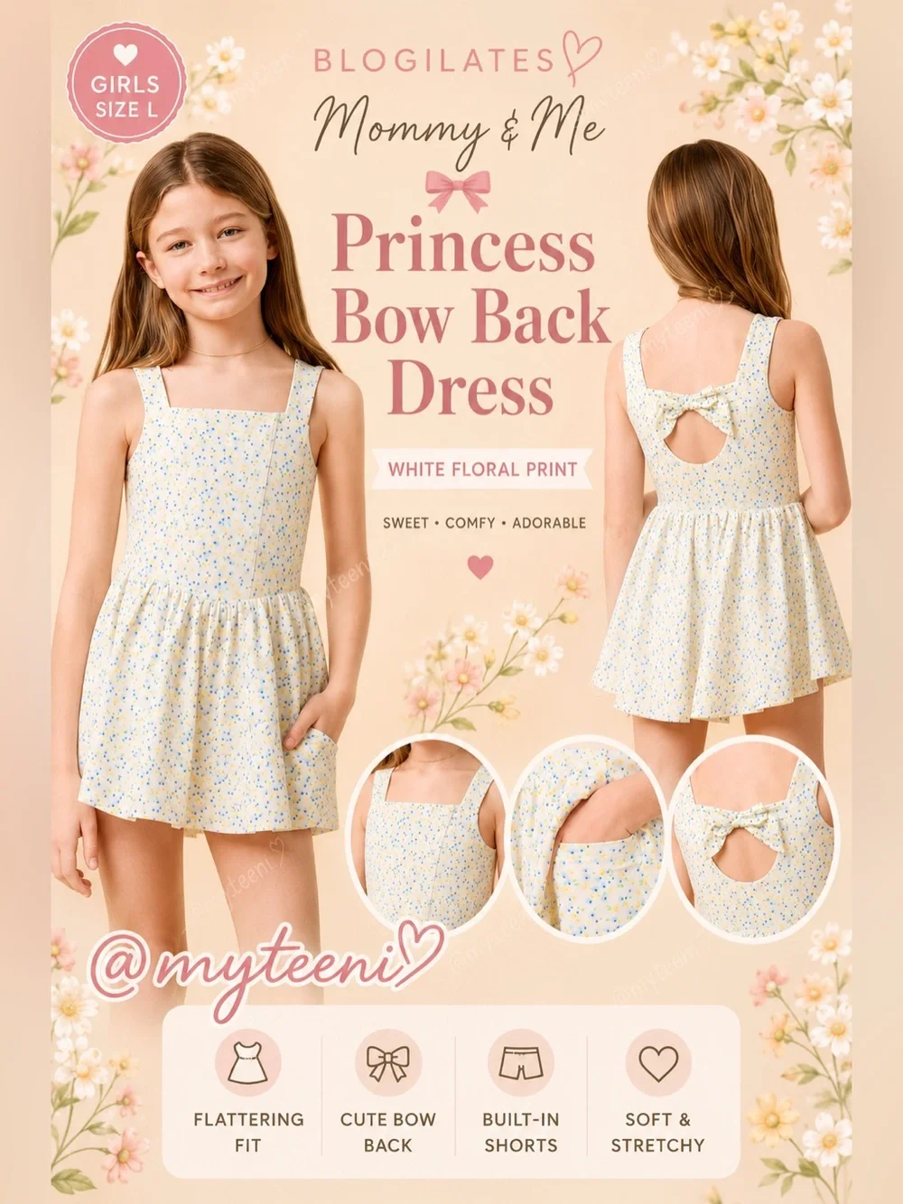 🌼  Blogilates Princess Bow Back Dress - White Floral Print